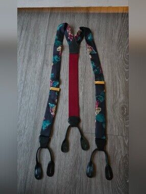 Barrons-Hunter Floral Silk Suspenders 36" Made in Virginia Navy Burgundy Gold
